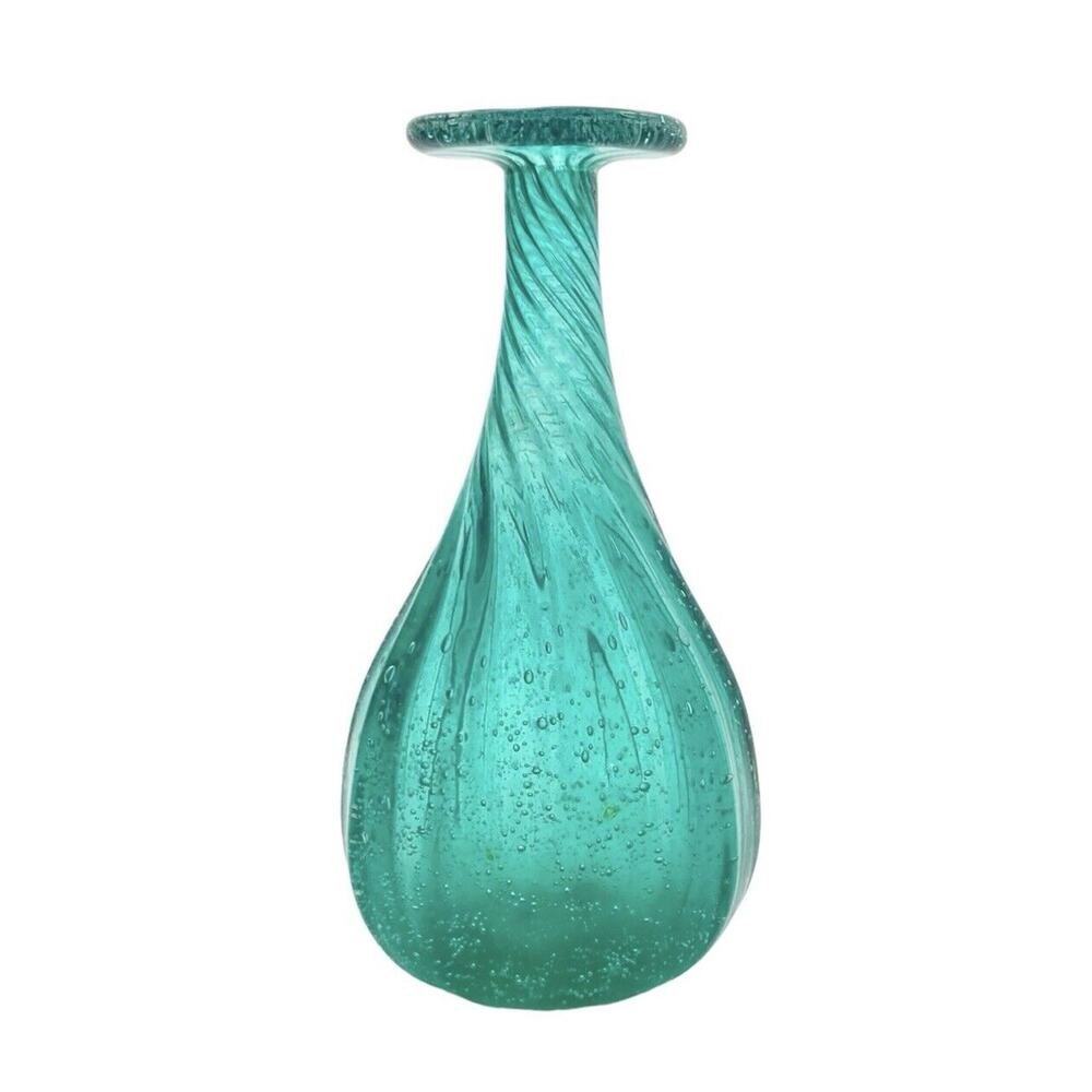 1970s Studio Postmodern Italian Teal Swirl Control Bubble Disk Lip Vase 7 7/8”